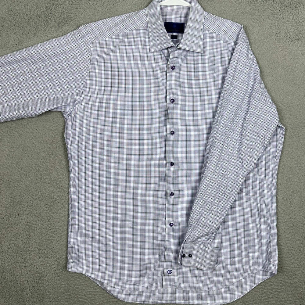 David Donahue Dress Shirt Mens 17.5 34-35 Trim Fit Blue Purple Check Long Sleeve